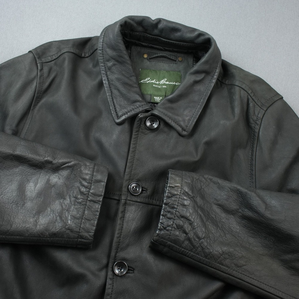 Eddie Bauer Buffalo Leather Motorcycle Jacket Button Quilted Lining Mens TXXL